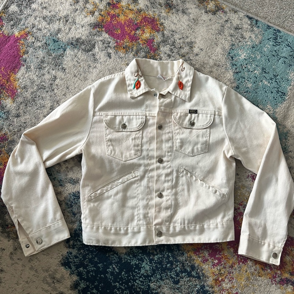 Vintage Embroidered Maverick Tan Denim Jacket Made in USA Unique One of a Kind S - Picture 2 of 8